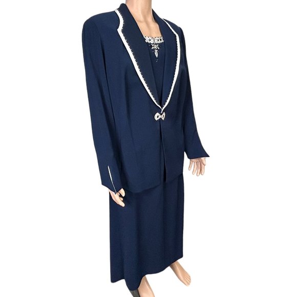 Beu Marc Womens 22 Navy Blue 2 Piece Skirt Suit Rhinestone Beaded Blazer Jacket‎ - Picture 6 of 15